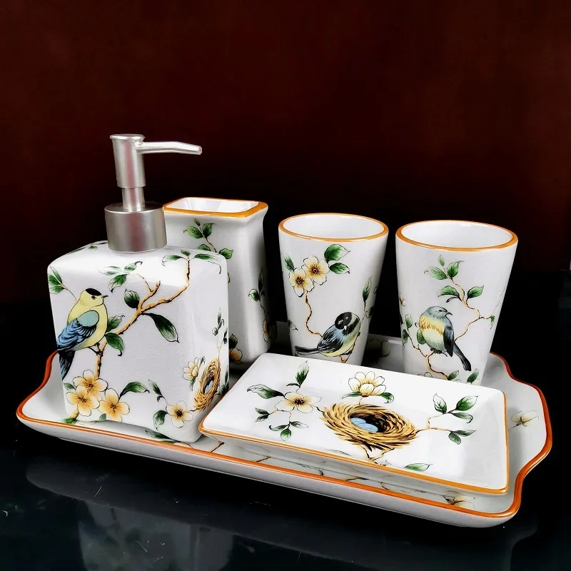 Bathroom Set Ceramic Liquid Soap Dispenser/Dish Toothbrush Holder Gargle Cup 5 Piece Flower & Bird Wedding Gift Birthday Present