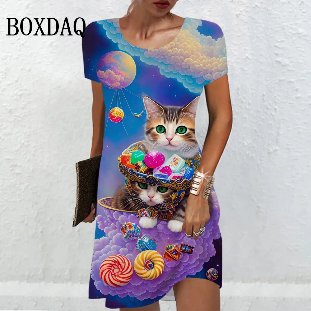 

Women Sweet Kawaii Cute Cats Dress Fantasy Pattern Animal 3D Print Dress Summer Casual Fashion Short Sleeve O-Neck Mini Dresses