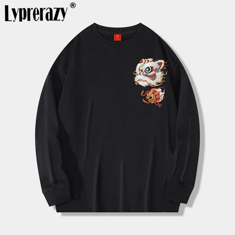 

Lyprerazy New Chinese Style Awake Lion Embroidery Round Neck Sweatshirts Men Autumn Winter Cotton Loose Pullover Tops