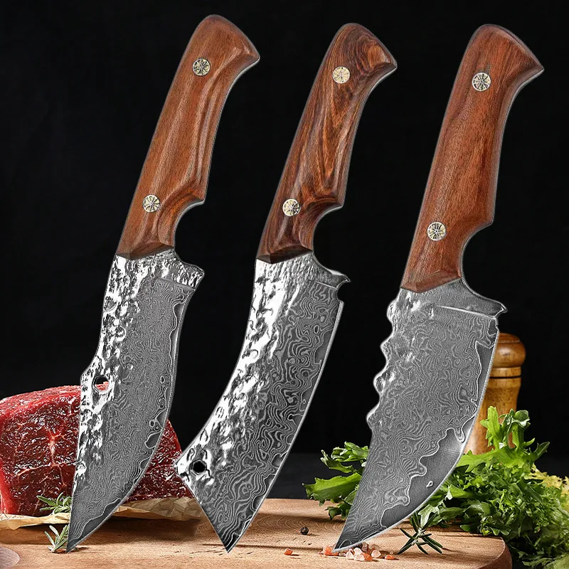 DamascusBoningKnifeHammeredSharpMeatCleaverButcherKnivesKitchen