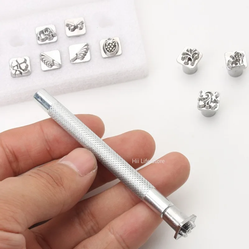 12pcs/lot Leather Stamp Zinc Alloy Seal Stamp Embossing Print Pattern Tools with Handle Plant Tanned Leather Printing Tools