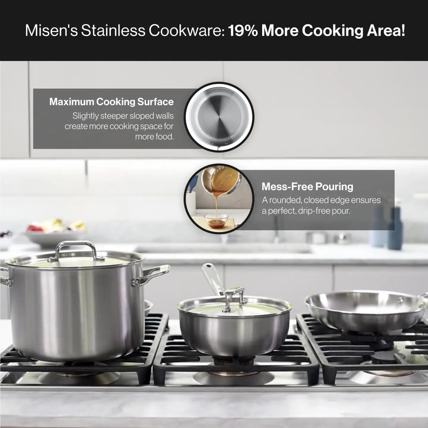 Stainless Steel Cookware Set: 3 QT Stainless Steel Saucier with Lid, 3 QT Saute Pan with Lid & 10" Frying Pan-Exce