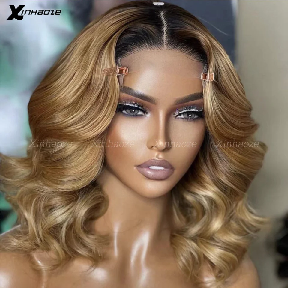 Ombre Honey Blonde #2/27 Colored Short Bob Deep Wave 13x6 Lace Front Wig  Wi＿並行輸入品