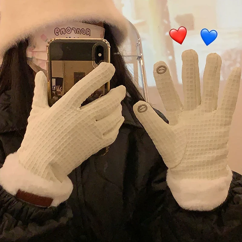 

2023 Winter Warm Full Finger Gloves Women Outdoor Coldproof Waffle Plush Furry Thicken Glove Non-slip Driving Touchscreen Mitten