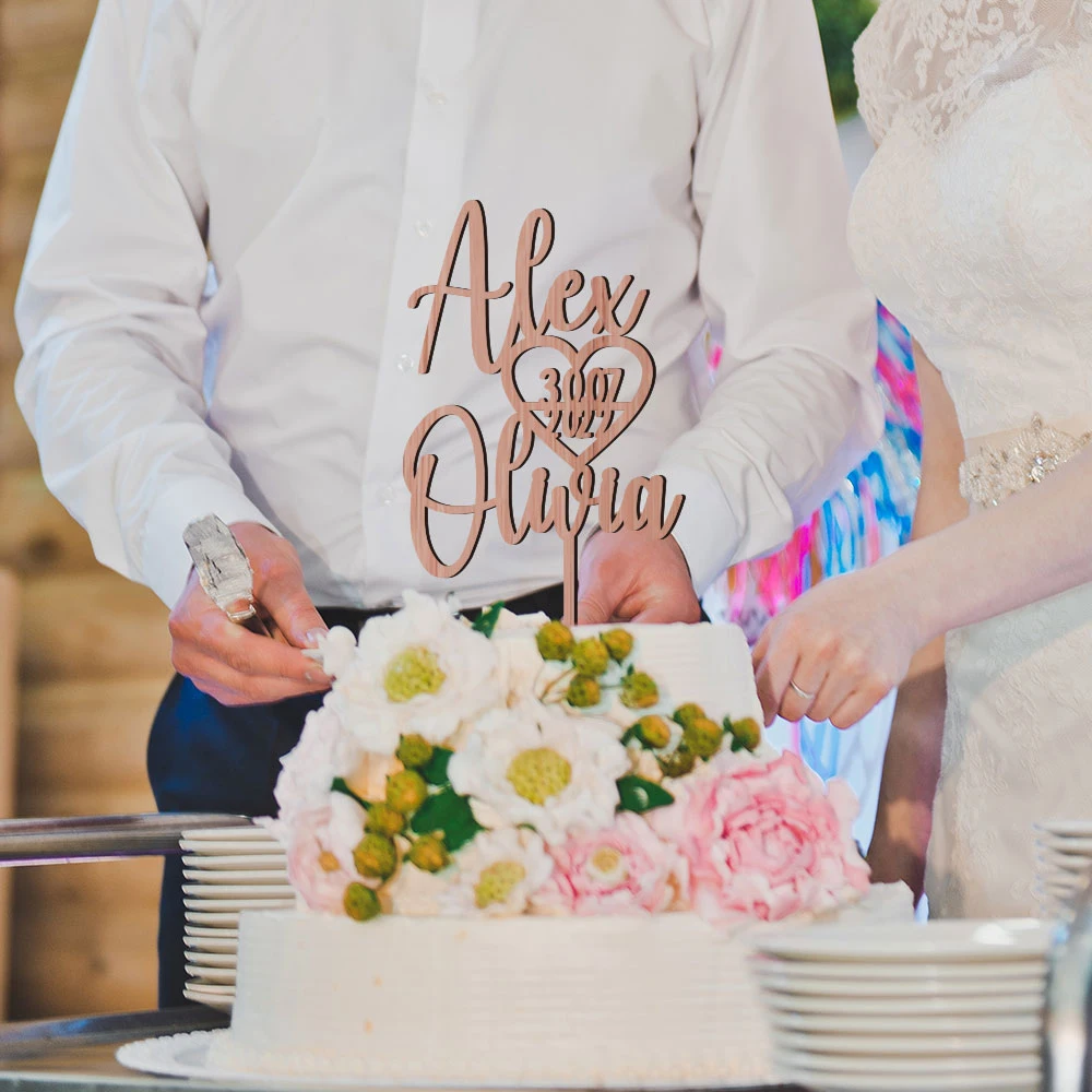 Topper de gâteau de mariage en acrylique personnalisé avec des noms  personnalisés M. et Mme Cake Toppers Anniversaire Dessert Fournitures