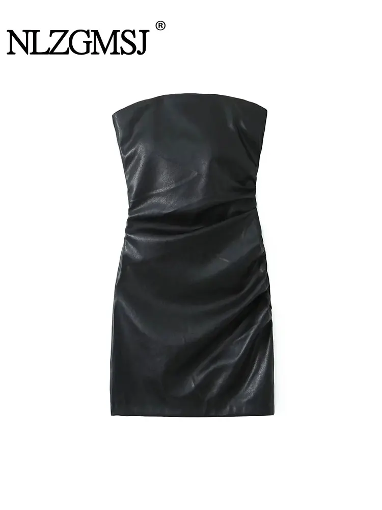 

Nlzgmsj TRAF 2023 Women Summer Autumn Sexy Party fold Strapless Pu Leather Slim Package Hip Black Mini Dress