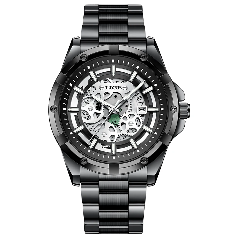 LIGE Luxury Steampunk Skeleton Dial Men's Automatic Mechanical Watch