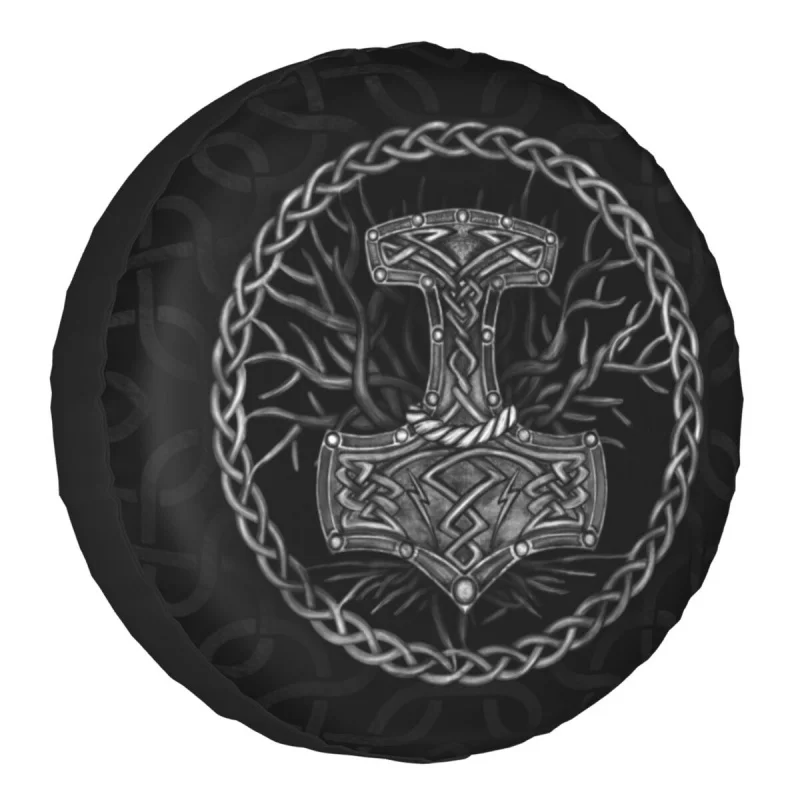 

Mjolnir The Hammer Of Thor And Tree Of Life Spare Tire Cover Bag Pouch for Jeep Hummer Norse Viking God Car Wheel Covers