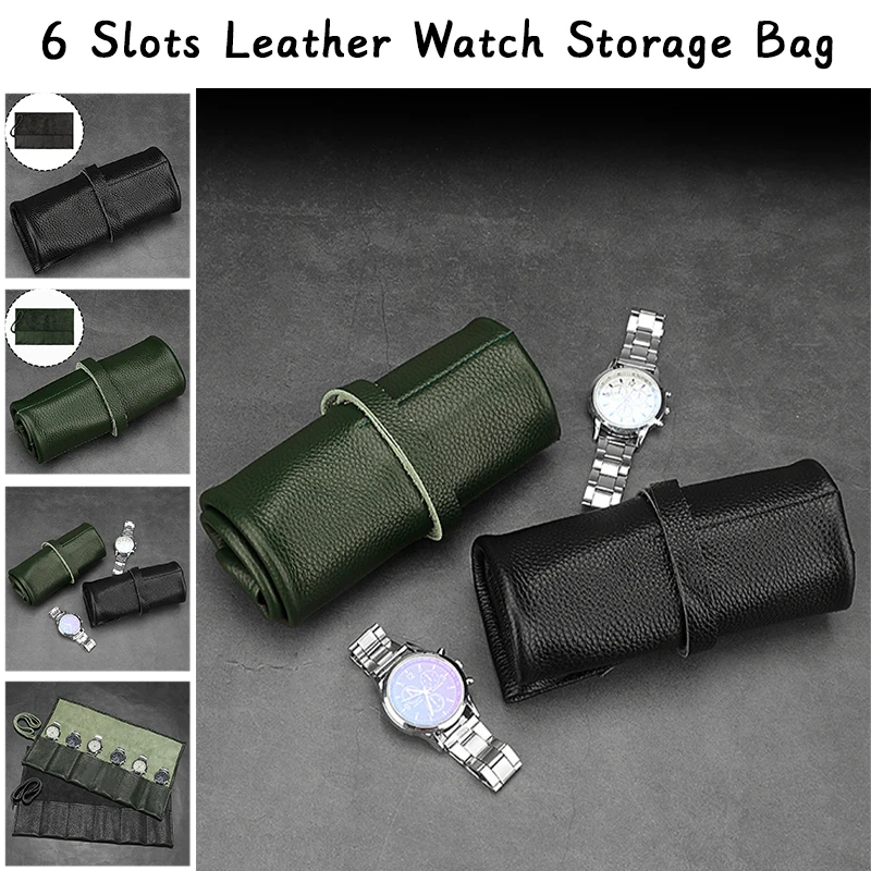 Roll up Watch Bag Portable Travel Display Smart Watch Storage Box 6 Slots Black Leather Storage Bag Watches Accessories