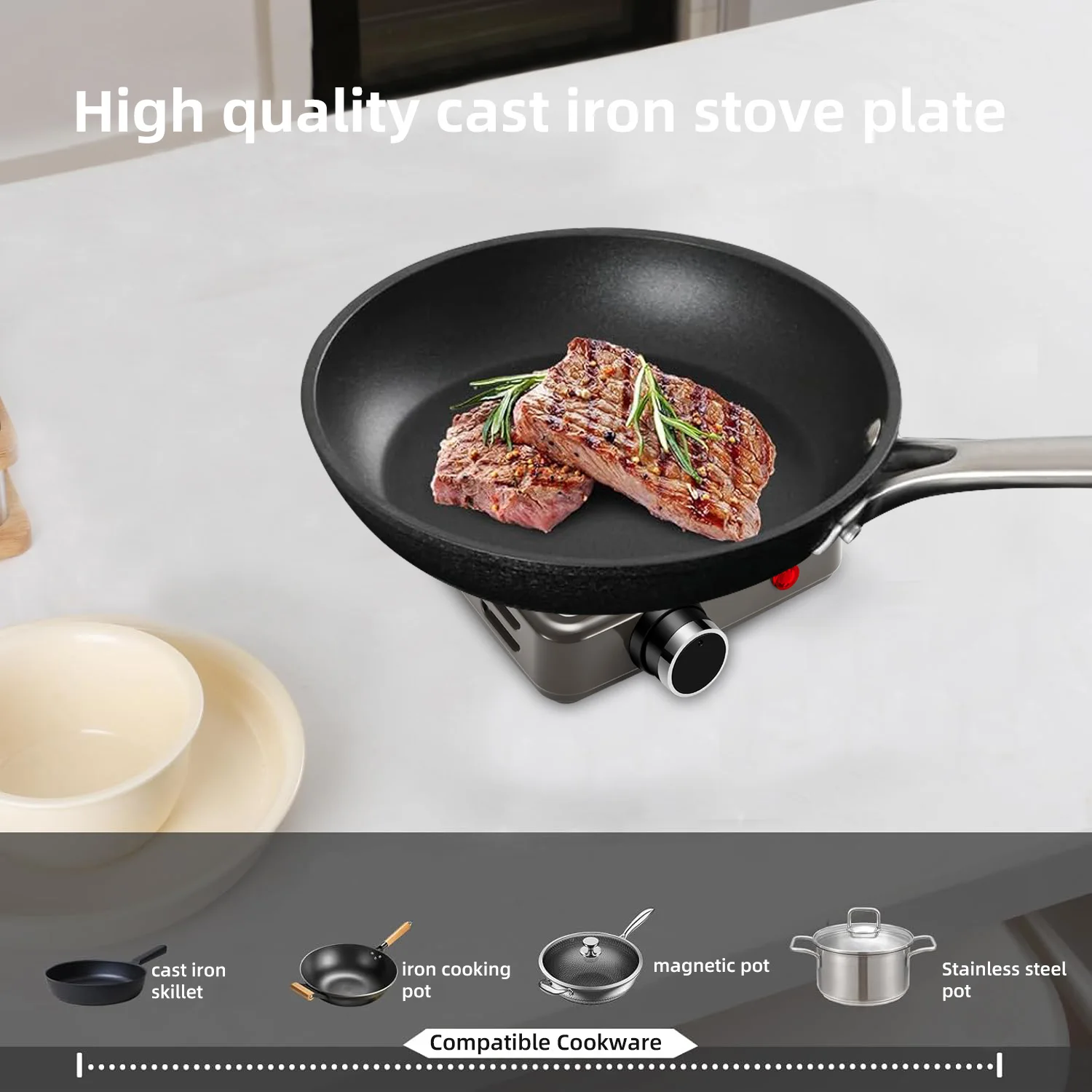 Mini Electric Hotplate 500W Adjustable thermostatic heating plate Travel Hotplate Suitable for caravans Camping Picnics 6