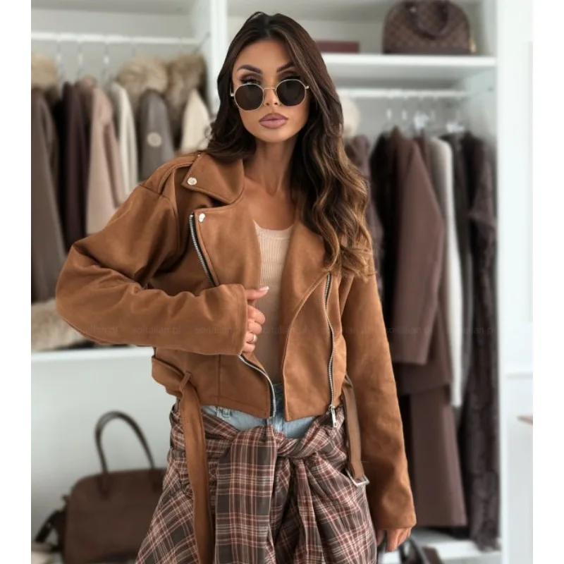 New Autumn Women's Clothing Turn-down Collar Long Sleeve Jacket Fashion Zipper Cardigan Lace Up Short Solid Color Jacket Top