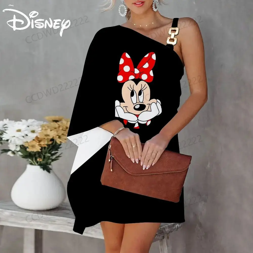 

One-Shoulder Disney Dress Elegant Dresses for Women Diagonal Collar Mickey Minnie Mouse Evening Party Luxury Prom 2023 Sexy Mini