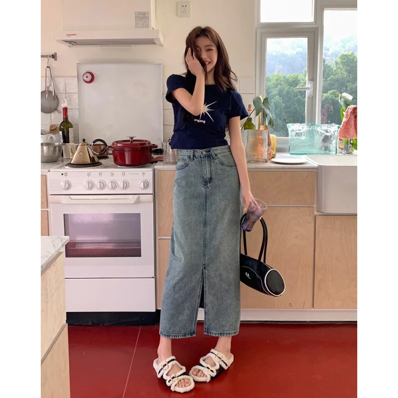 Washed Blue High Waist Three Button Split Denim Skirt 2023 Spring/Summer A-Line Mid Length Skirt Kids high quality tb suit suit high waist three color red white and blue ribbon yarn dyed gentleman british style suit suit