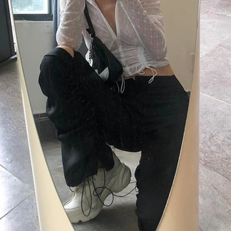 Black Hollow Out Pants Y2K Ruched Drawstring Trouser High Waist Cargo Pants Bandage Patchwork Pants Casual Women Streetwear 2023