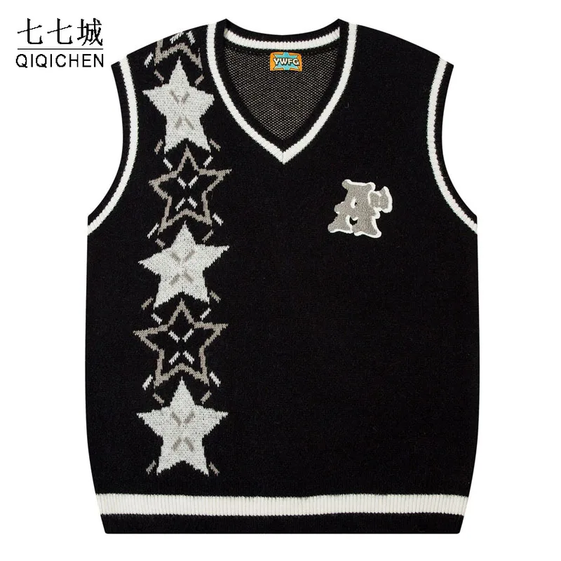 Japanese V-neck Sleeveless Sweater Men Star Print College Style Casual Knitted Vest Women Harajuku Loose Pullover Jumpers Winter