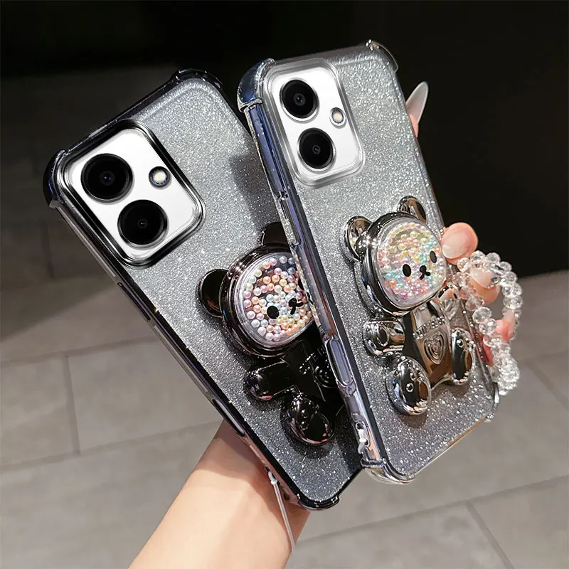 Shockproof Transparent Phone Case with 3D Bear Stand and Glitter Chain Lanyard