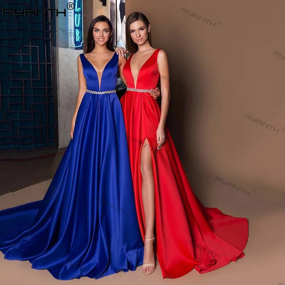 

Ryanth V-neck Side Slit Prom Dresses Simple V-neck Sleeveless Evening Dress Long Satin Beaded Royal Blue Party Gown Backless