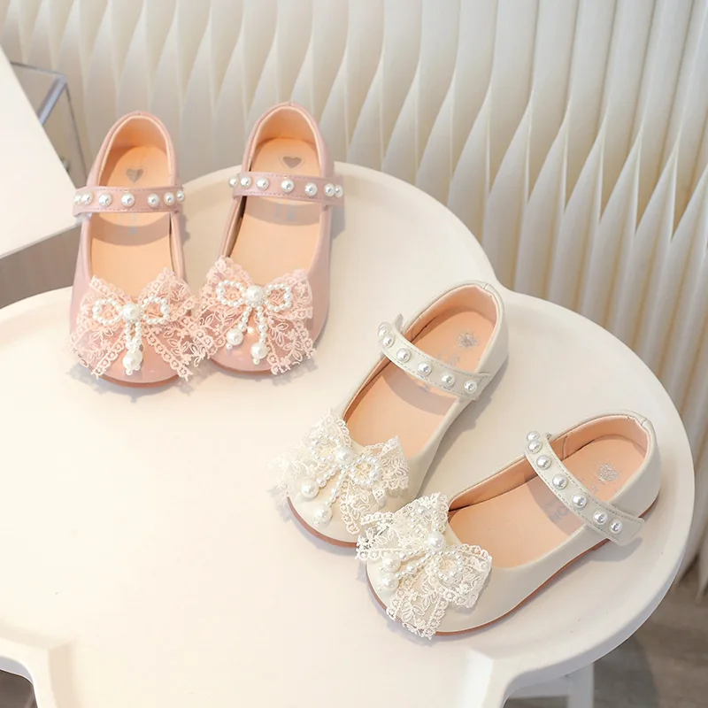 Spring New Children's Leather Shoes Fashion Lace Bow Girls' Princess Shoes Soft Sole Anti Slip Baby Kid's Casual Flat