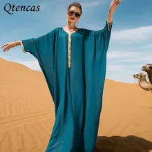 

Loose Batwing Sleeve Moroccan Kaftan Women Sfifa Ribbon Braid Long Arabic Muslim Dress Saudi Jalabiya Abaya Dubai Party Evening