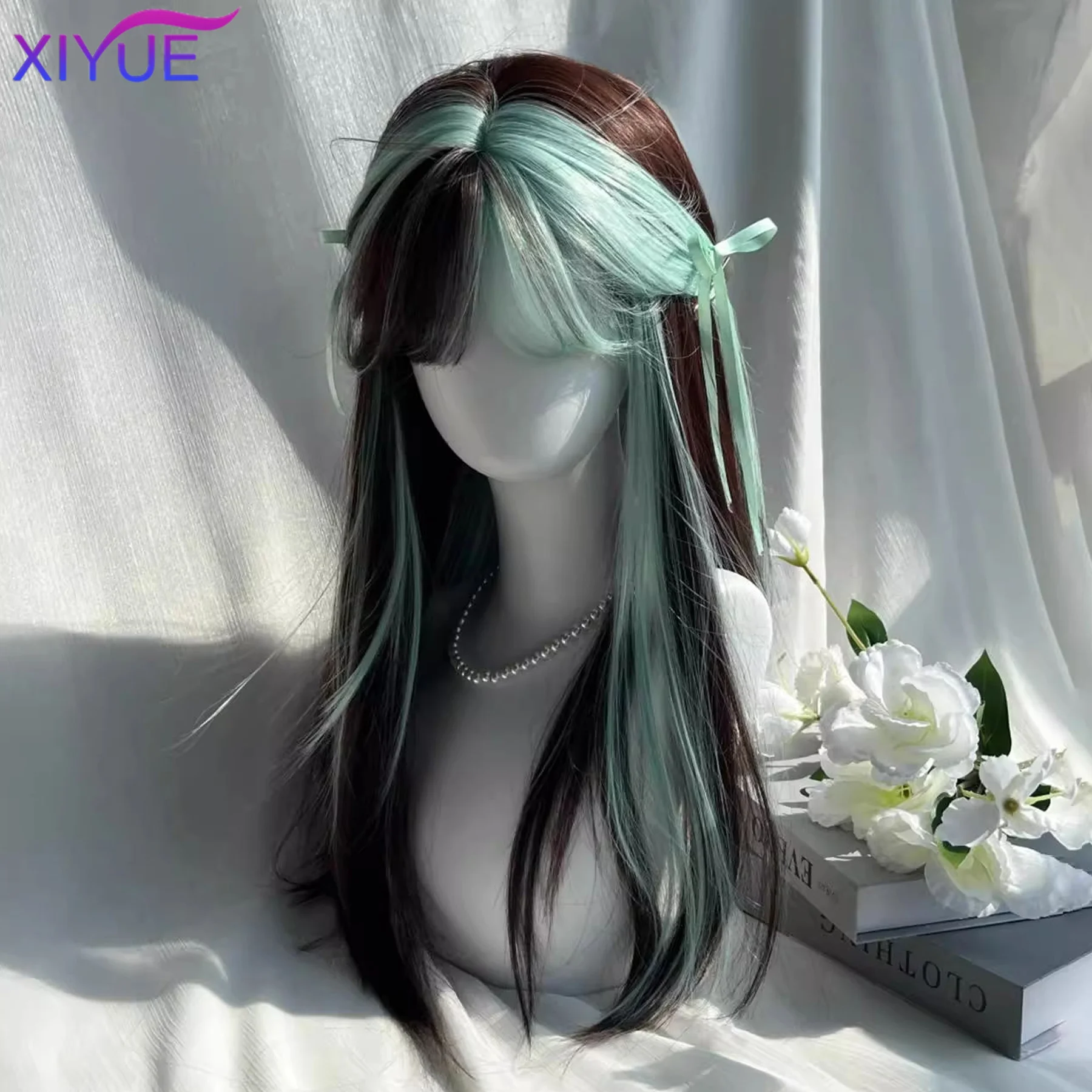 XIYUE Synthetic Lizard Green Bangs Highlighted Wig Black Green Fluorescent Green Y2K Top Dyed Clavicle Hair Wig For Women