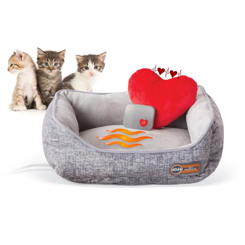 

K&H Pet Products Mother’s Heartbeat Heated Pet Bed Heated Bed + Heart Pillow Gray Bed/Red Heart Kitten Heartbeat 11 X 13 Inches