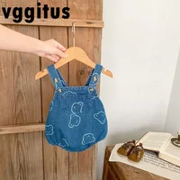 New Spring Autumn Young Children Boys and Girls Denim Bodysuit Cartoon Bear Printed Shoulder Straps Sleeveless Jumpsuit H22401 1
