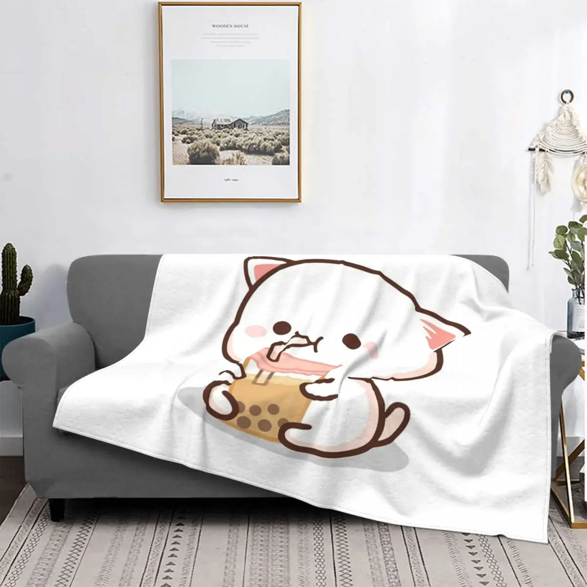 Pesca E Goma Mochi Cat Bubble Tea 1 Coperta Copriletto Sul Letto Divano Letto Da Viaggio Divano Letto Coperte Decorative Per Divani