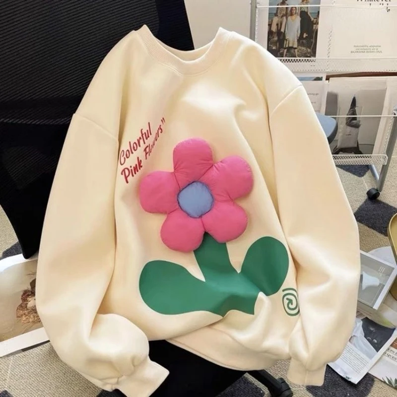 

Hikigawa Autumn 3D Floral Patchwork Tops Women Loose Casual Harajuku Long Sleeve O Neck Hoodies Preppy All Match Sweatshirts