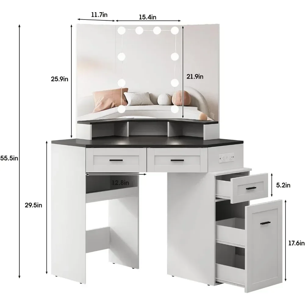 Corner Vanity Desk with Tri-Fold Mirror and Adjustable Light,Power Outlet, 3 Drawers, Sliding Cabinet, Open Shelves for Bedroom 2