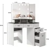 Corner Vanity Desk with Tri-Fold Mirror and Adjustable Light,Power Outlet, 3 Drawers, Sliding Cabinet, Open Shelves for Bedroom 2
