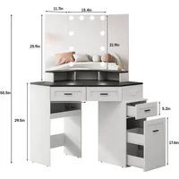 Corner Vanity Desk with Tri-Fold Mirror and Adjustable Light,Power Outlet, 3 Drawers, Sliding Cabinet, Open Shelves for Bedroom 2