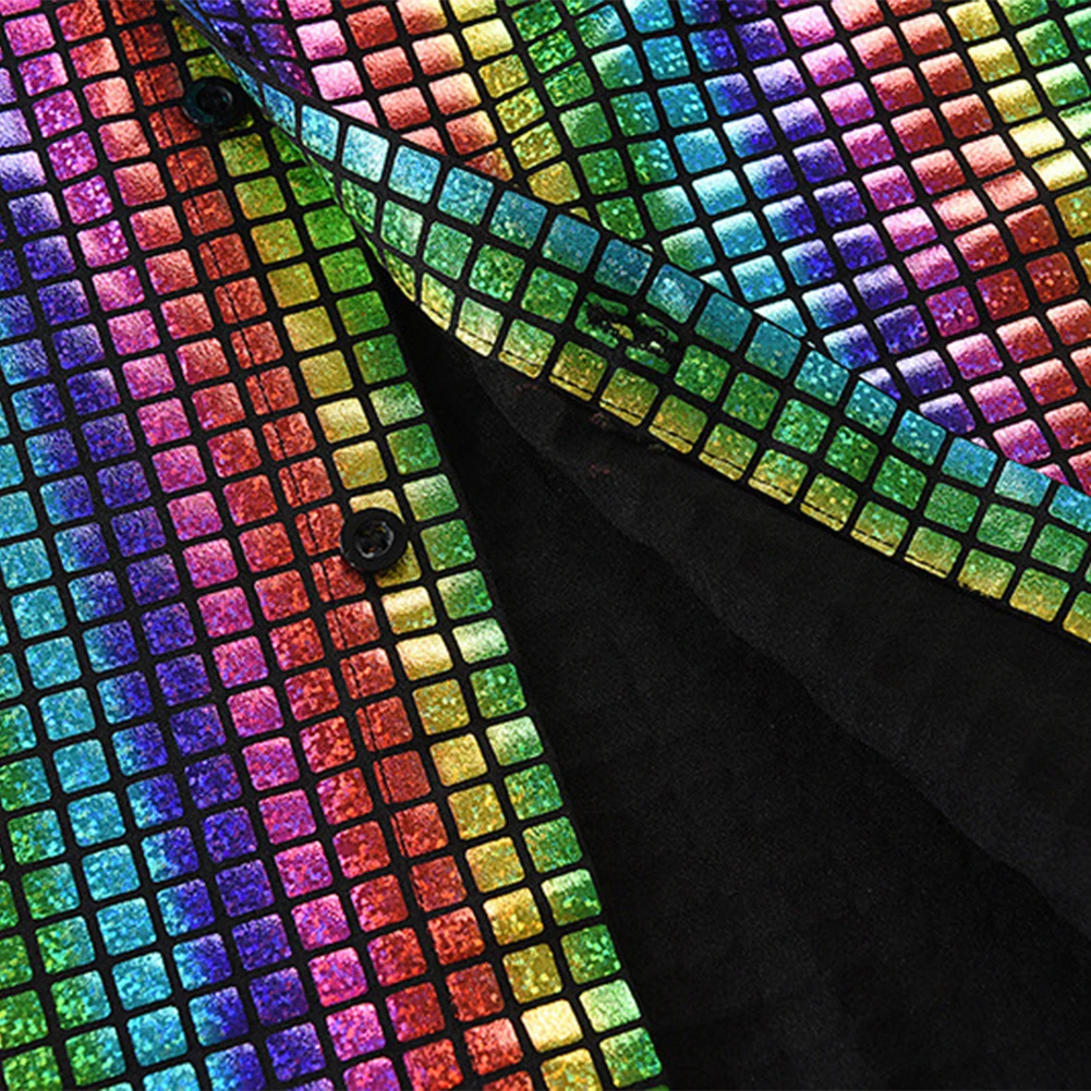 New Men's Vintage 70s Disco Costume Shirts Tops Shiny Sequins Short Sleeve Lapel Single Breasted Shirts Blouse Man Clothing