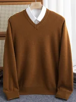 2024 Autumn Winter Men V-neck Wool Sweater Long Sleeve Pullover 100% Merino Wool Knitwear Smart Casual Basic Cashmere Clothing 1