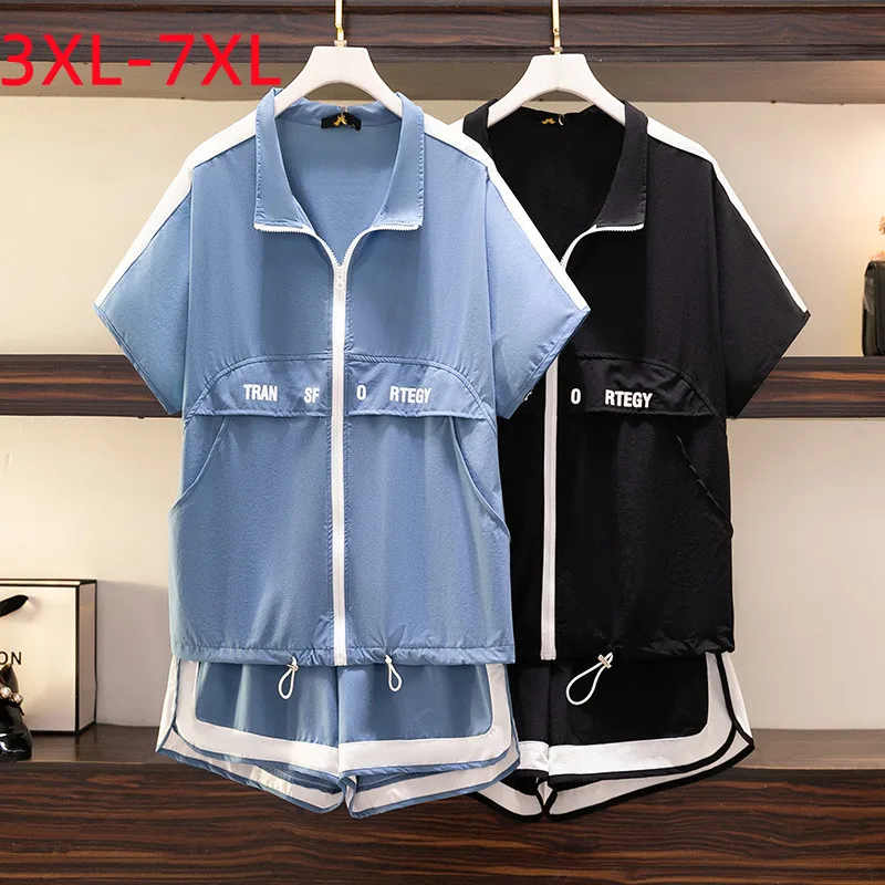 

New 2022 Summer Plus Size Women Sports Sets Large Loose Blue Jacket And Shorts Training Suit 3XL 4XL 5XL 6XL 7XL