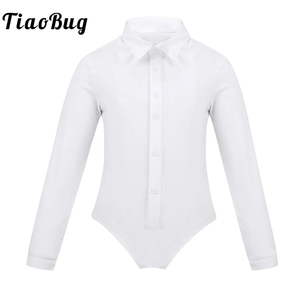 Kids Boys Latin Dance Costume White Long Sleeve Shirts One-Piece Lapel Romper Leotard Bodysuit