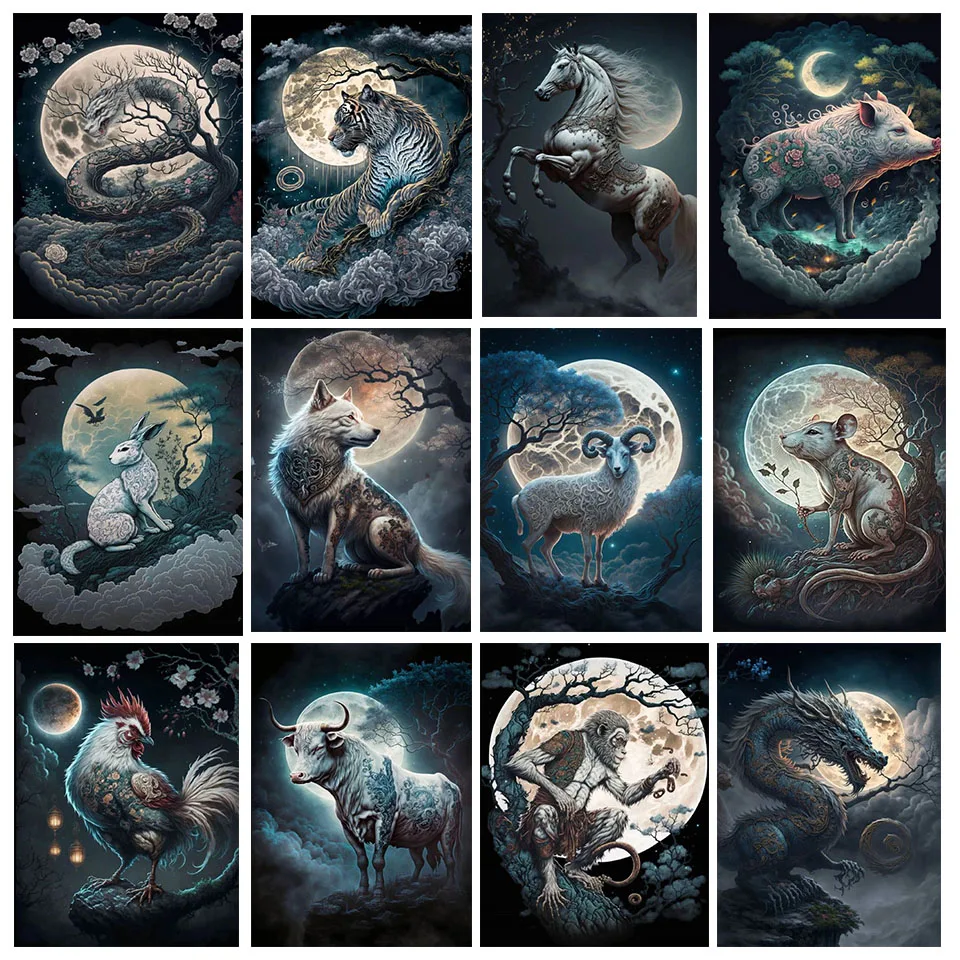 Dark Gothic Moon Tiger Diamond Art Trapano Completo Pittura Diamante Nuovo 2023 Kit Ricamo Punto Croce Mosaico Fantasia Animali Decor