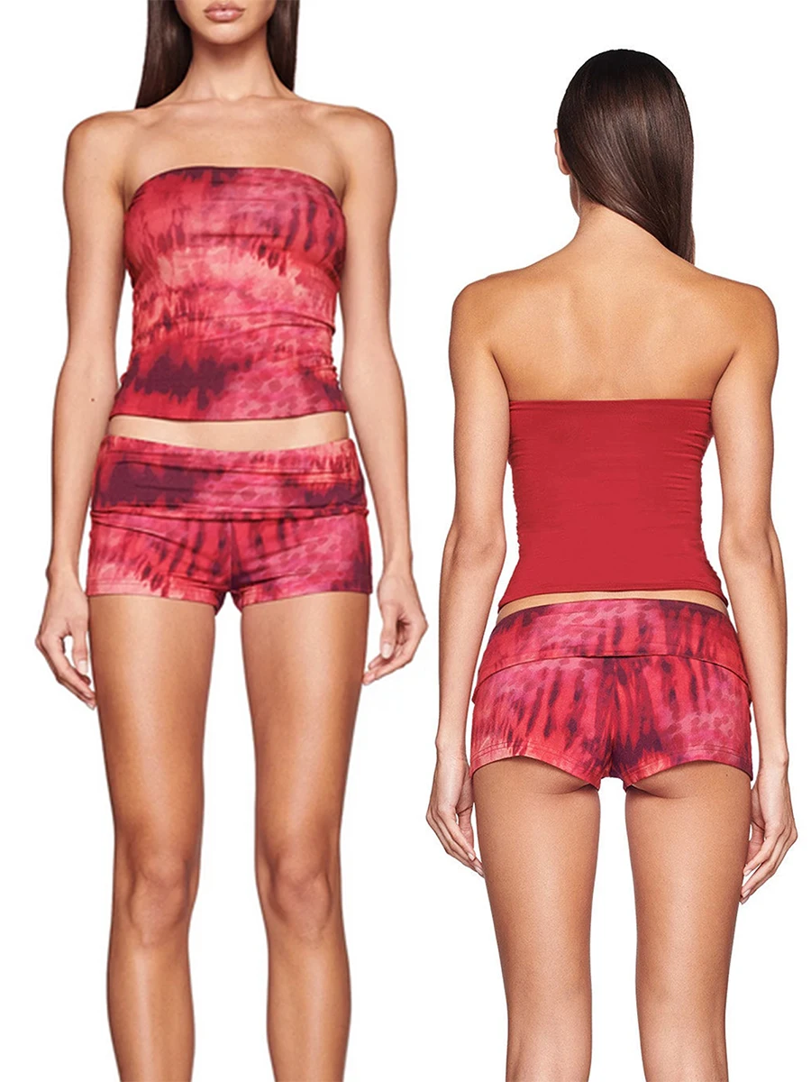 여성용 반바지 세트, 세련된 추상 스타 프린트 크롭 튜브 탑, 스트릿웨어 비치 Y2K 용 폴드 오버 반바지, 여름 의상, 2 개