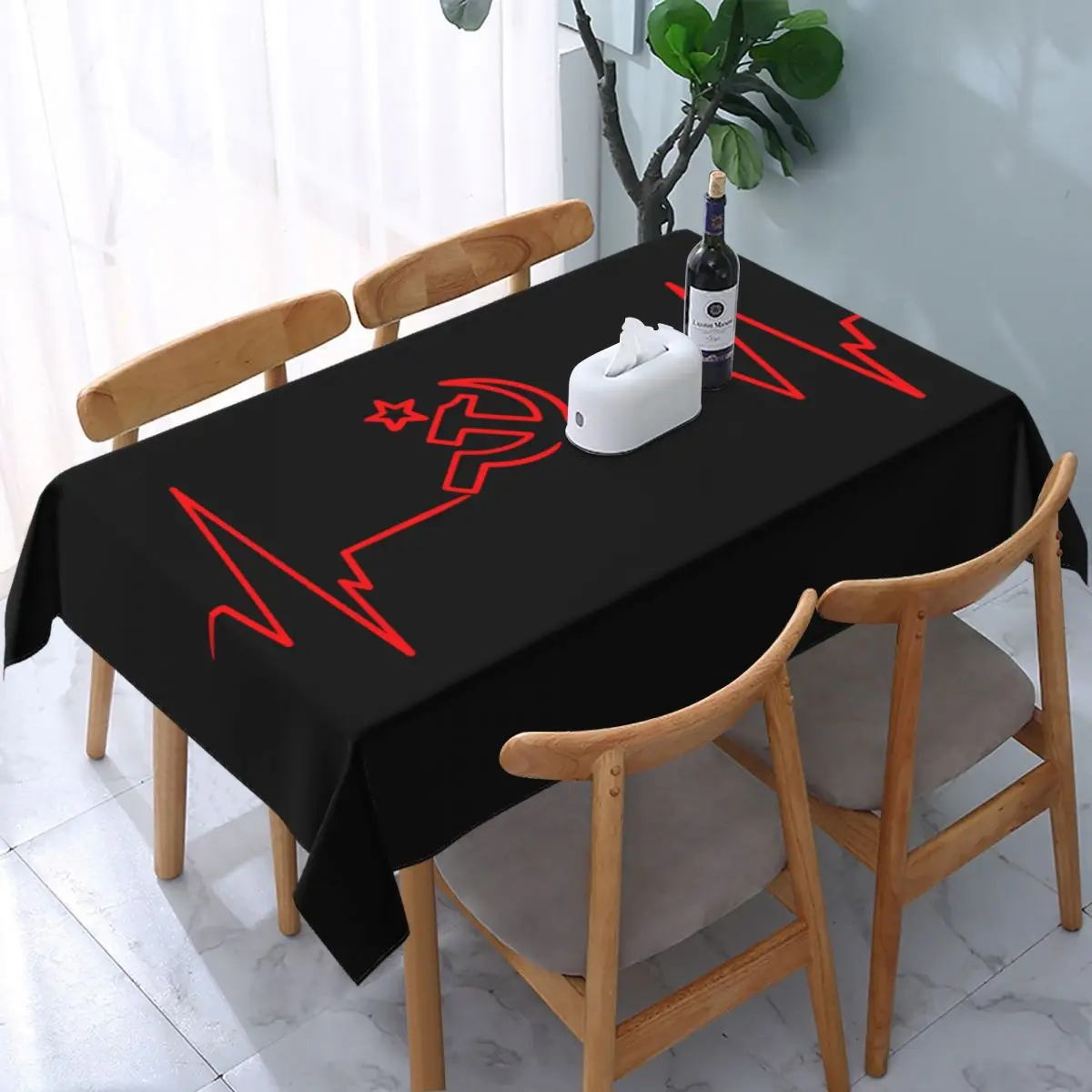 

Rectangular Oilproof Heartbeat Rossia Russia CCCP Table Cover Elastic USSR Table Cloth Backed Edge Tablecloth for Dining