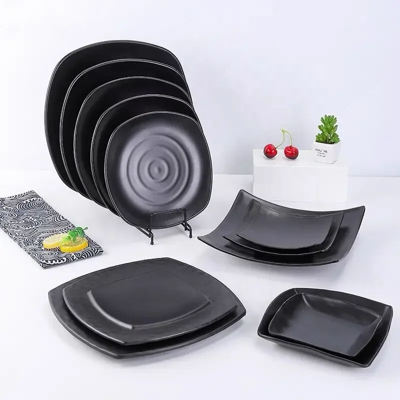 Black Melamine Western Dinner Plate Serving Tray Hot Pot Barbecue Restaurant Plate imitation porcelain Tableware Round Dish