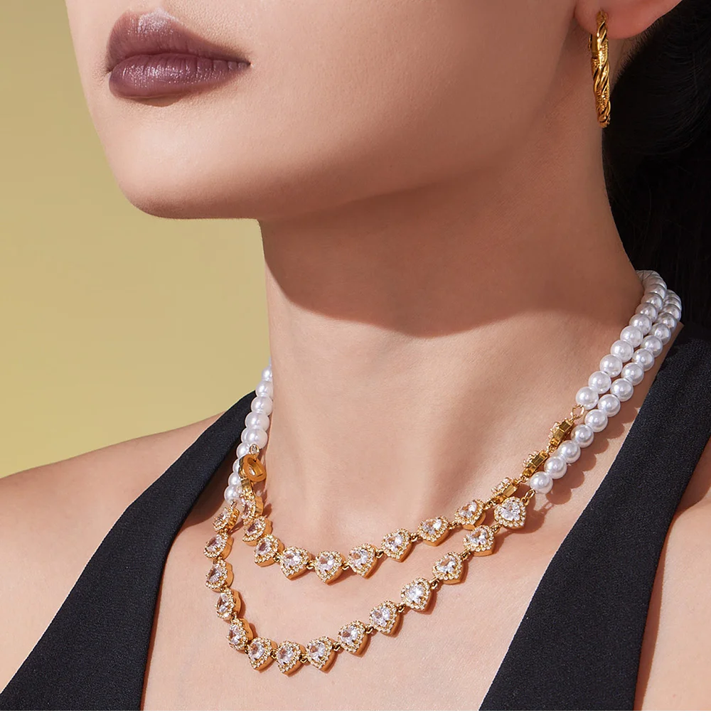 Weiße Imitationsperle Perlenkette Halskette Damen Edelstahl vergoldet glänzender Zirkon Herz Halskette Halsband Luxusschmuck – Detail 4