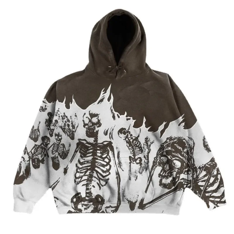 Retro Black Skeleton Street Apparel Hip Hop Style Men's and Women's Shorts Set Loose Relaxed Gothic Demon Killer Sweatshirt Y2K y2k street style skeleton hoodies women gothic golden zip upoversized sweatshirts female retro harajuku hooded jacket streetwear