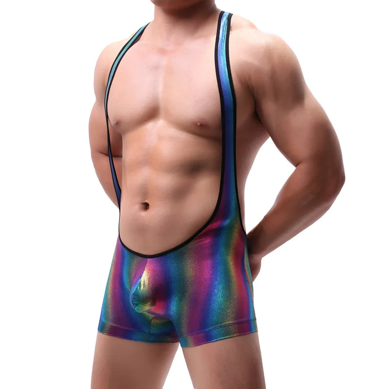 Male Sexy Chameleon Boxer Pants One-piece Swimsuit Men's Underwear Gym Wrestling Bathing Suit Colorful Jumpsuit Plus Size Men Swimsuit Sports Jumpsuit Pants