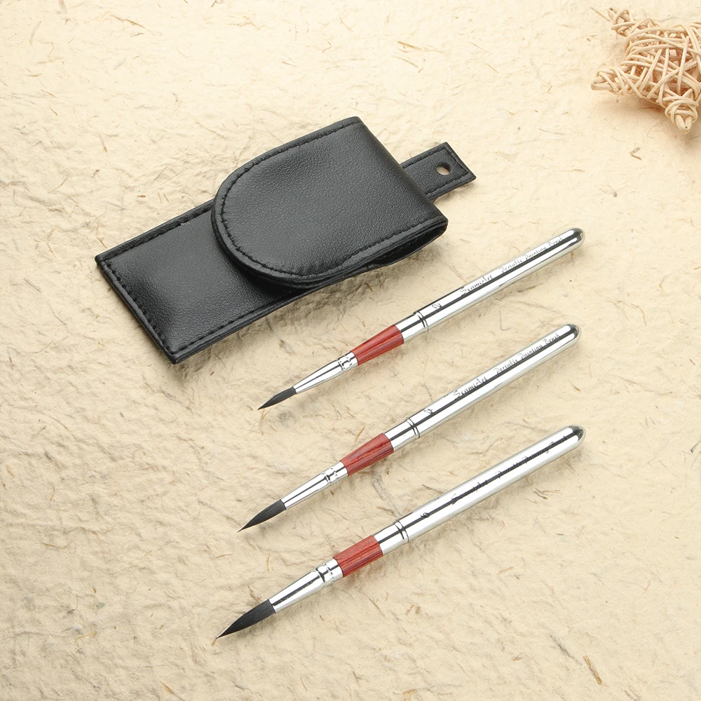 SeamiArt 3pcs/Set Painting Brushes With Portable Pu Brush Bag DivIsible Short Holder Watercolor Journal Paint Brush 2