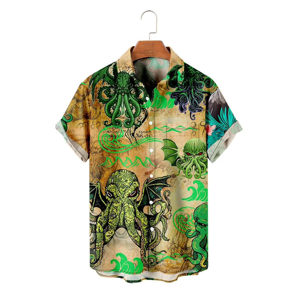 Men's Hawaiian T-Shirt Y2K Hombre Fashion Shirt Sea Creatures 3D Print Cozy Casual Short Sleeve Beach Oversized Single Buckle