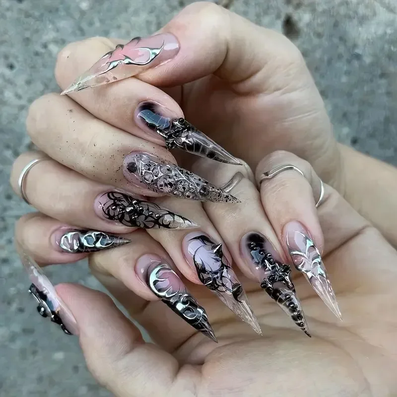 French Almond False Nails 24Pcs Glitter Rhinestones Wearable Fake Artificial Simple Full Cover Press on Tips