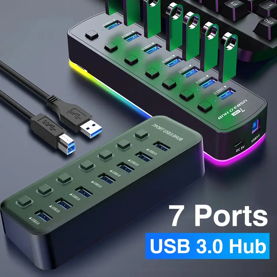 USB 3.0 Hub 4 Ports 7 Ports USB 3.0 Data Port Adapter 5Gbps High Speed Individual On/Off Switch Splitter USB Extension image 1