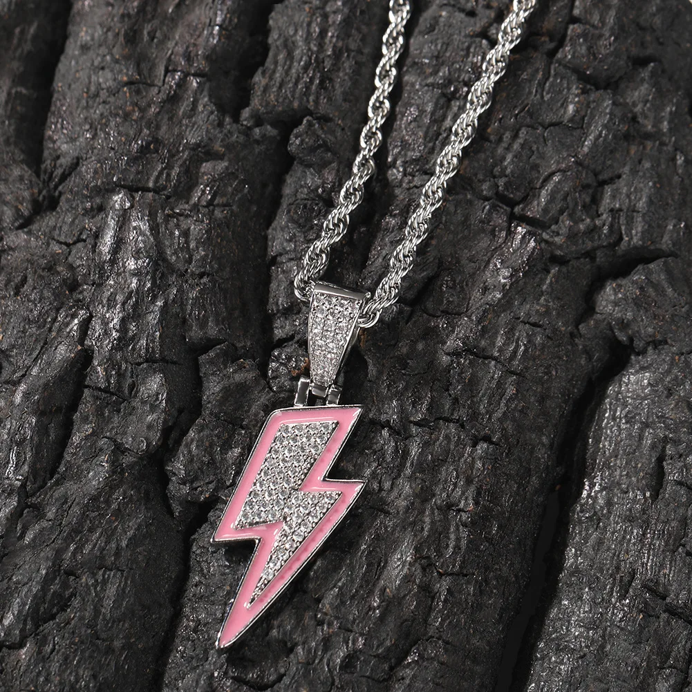 

Pink Color Lightning Shape Iced Out Bling Pendant Necklace Mirco Pave Prong Setting Men Women Fashion Hip Hop Jewelry BP089