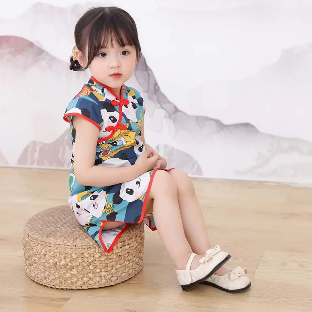 Cartoon Animals Children Cheongsam Short-Sleeved Girls Clothing Children Chinese Dress Princess Dress Qipao