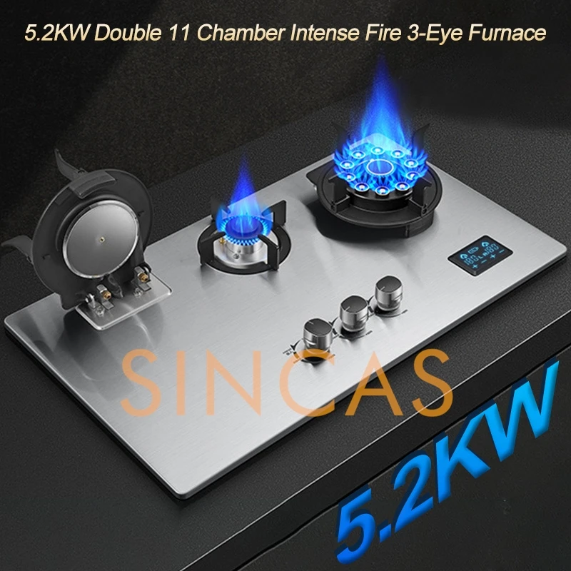 Kitchen Household 3 Burners 5.2KW Large Firepower Timing Gas Stove Embedded/Desktop Stainless Steel/Tempered Glass Gas Stove