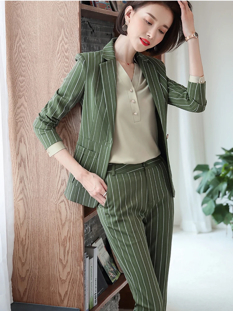 Ladies Striped Pants Sets New Arrival Formal Female Long Sleeve Blazer And Trouser Women Office Business Work Wear 2 Piece Set women fashion thick blazer new arrival high quality female long sleeve blue jacket casual ladies coat